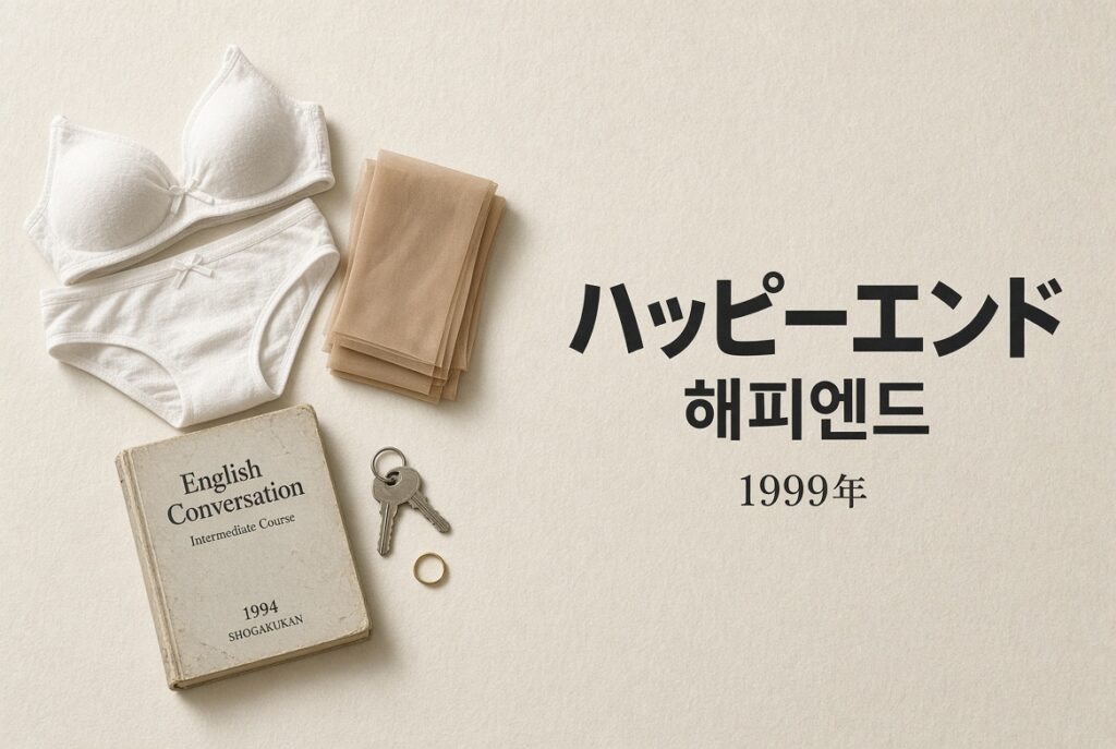 アイキャッチ：静物の生成画像（Created with Grok）。白い下着、パンスト、英語の教科書、鍵、指輪はチェ・ボラの役の印象。人物なし。