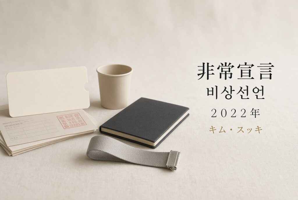 象牙色の布の上に、切り込みのある白いカード、赤い印の書類、紙コップ、黒い手帳、灰色のベルト端。右に「非常宣言/비상선언/2022年/キム・スッキ」。人物はいない。