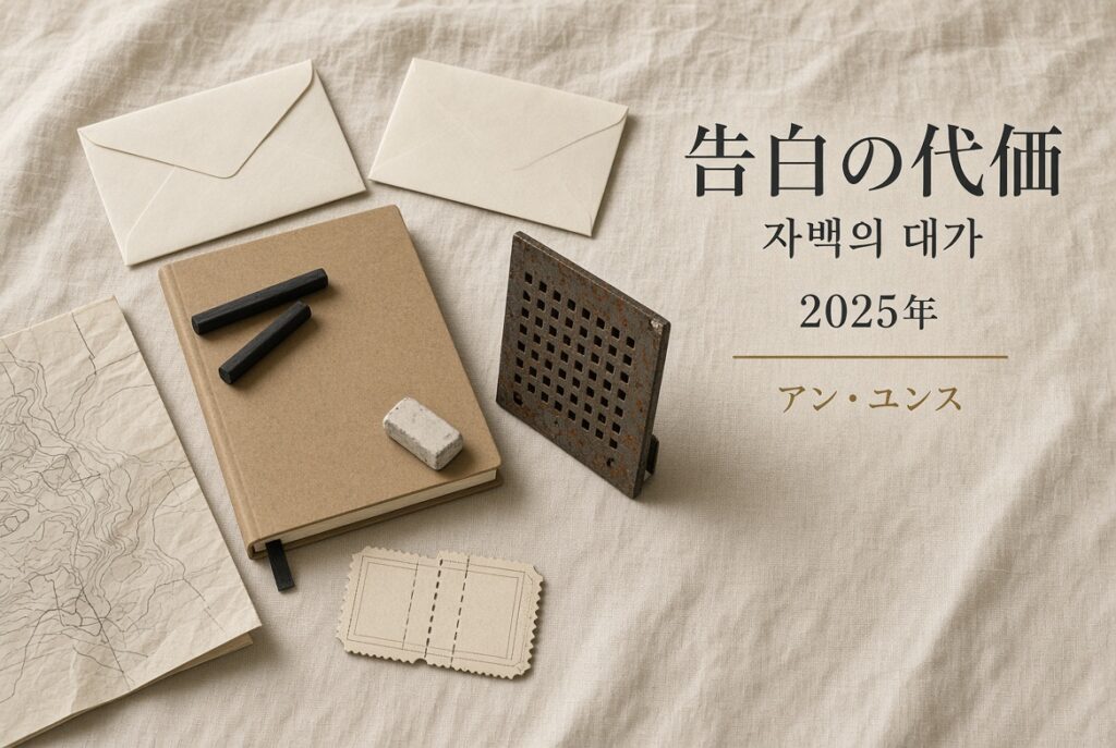 象牙色の布。封をした封筒が2つ、クラフトのスケッチブック、木炭、消しゴム、錆びた格子の鉄板、地名のない地図、半券。右に「告白の代価／자백의 대가／2025年／アン・ユンス」。人物はいない。