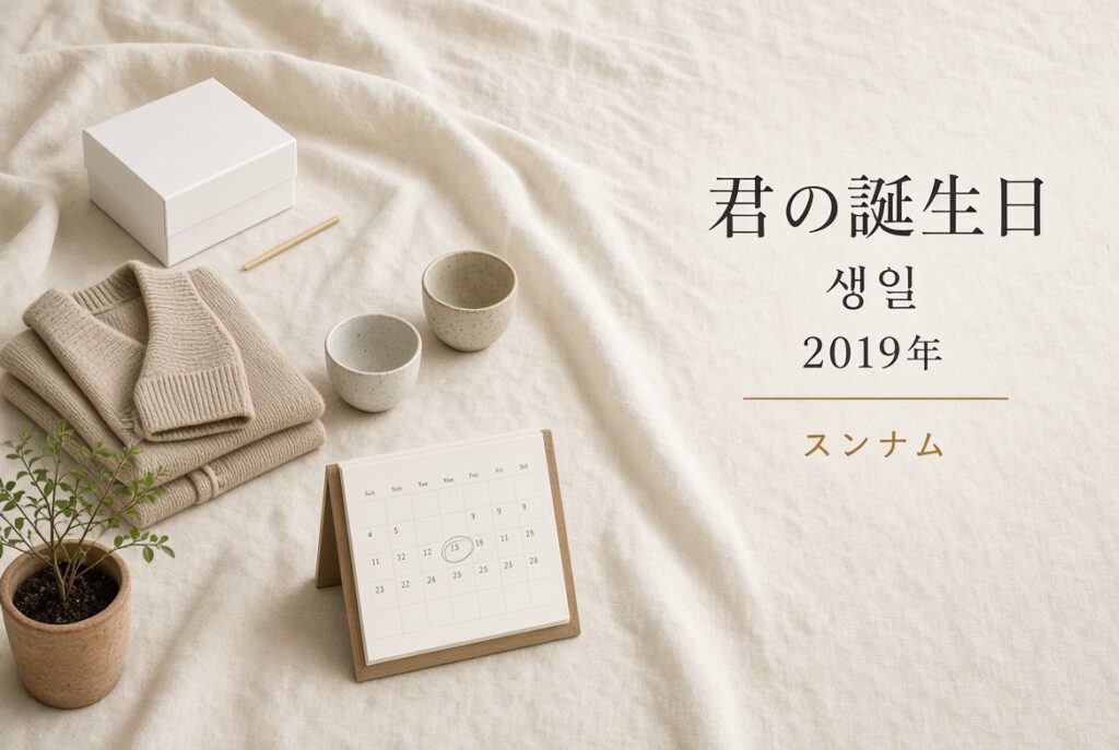 象牙色の布。白い箱、折ったベージュのカーディガン、湯飲みが2つ、日付を丸した卓上カレンダー、小さな植木。右に「君の誕生日/생일/2019年/スンナム」。人物はいない。