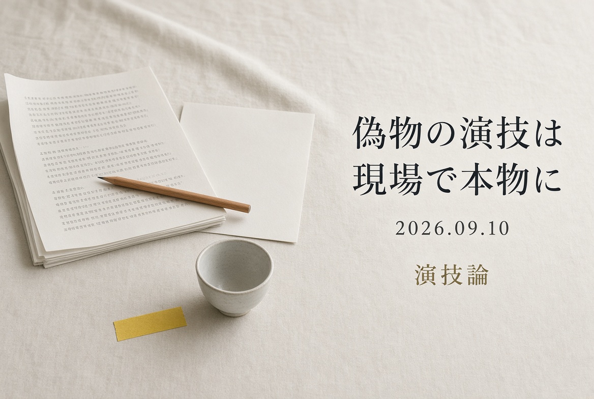 象牙色の布の上に、開いた台本と鉛筆、白紙、空の小さな盃、黄色い位置テープ。右に「偽物の演技は現場で本物に／2026.09.10／演技論」。人物はいない。